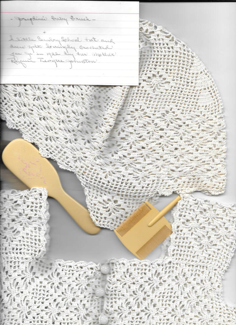 Crochet hat and dress cowl Jo's mother made for her; Jo's baby hairbrush and comb.