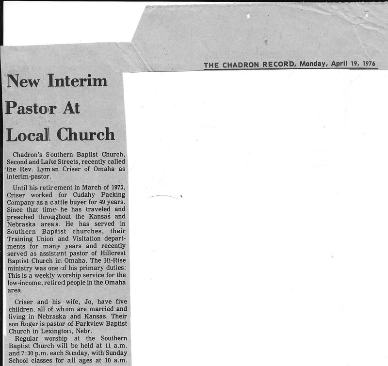 1976 - Chadron NE Interim Pastor Article