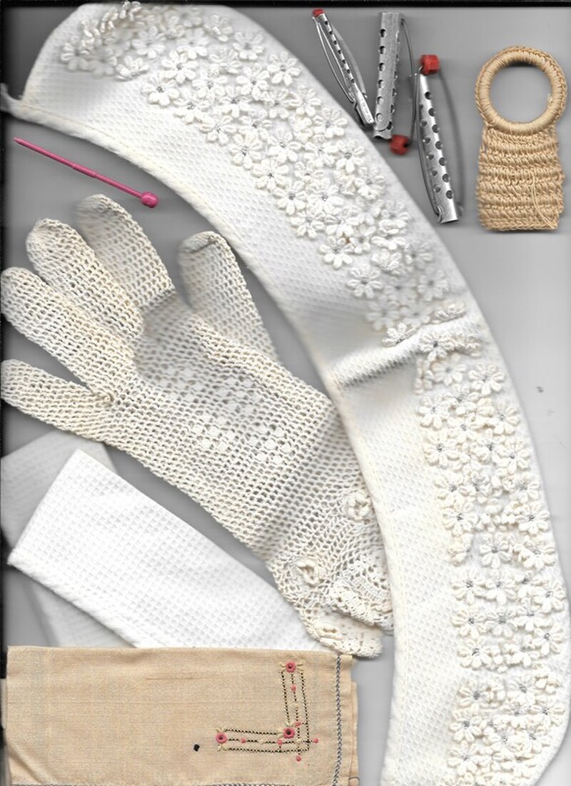 Dress Cowl, Cuffs, Glove, Crochet Ring, Hair Curlers, Hairpin