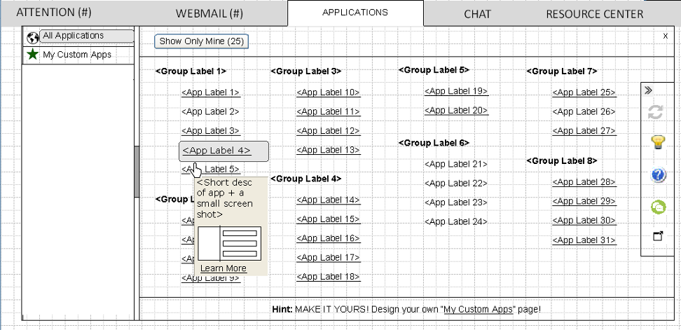 An early screen concept mock-up of a separate customizable 