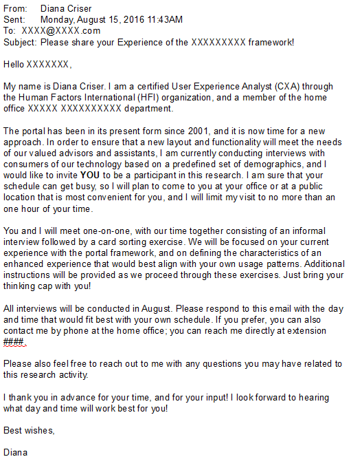 Sample Generative Research Invitation eMail including a brief description of the study activities and the call to action to participate.