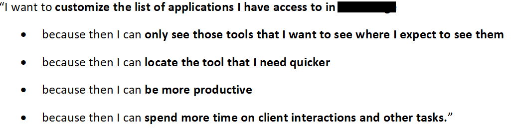 Standard user story format for a customized 